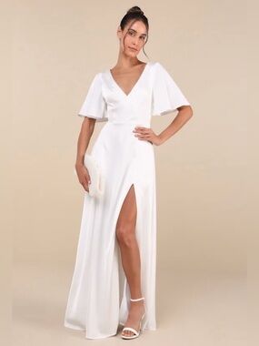 Lulu's Elegant Confidence White Satin Flutter Sleeve Cutout High Slit Maxi Dress